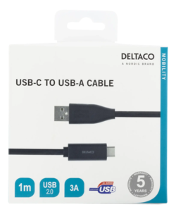 Deltaco USB-C to USB-A Cable, 3A, 1m, Black