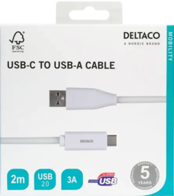 Deltaco USB-C to USB-A Cable, 3A, 2m, White
