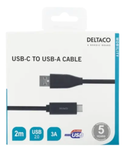 Deltaco USB-A to USB-C Cable, 3A, 2m, Black