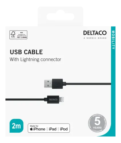 Deltaco USB-A to Lightning Cable, 2m, Black