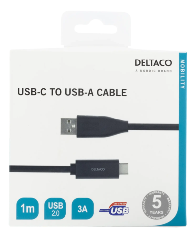 Deltaco USB-C to USB-A Cable, 3A, 1m, Black