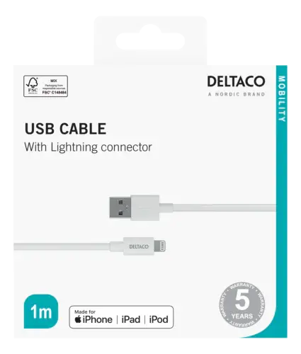 Deltaco USB-A to Lightning Cable, 1m, White