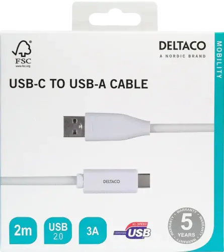 Deltaco USB-C to USB-A Cable, 3A, 2m, White