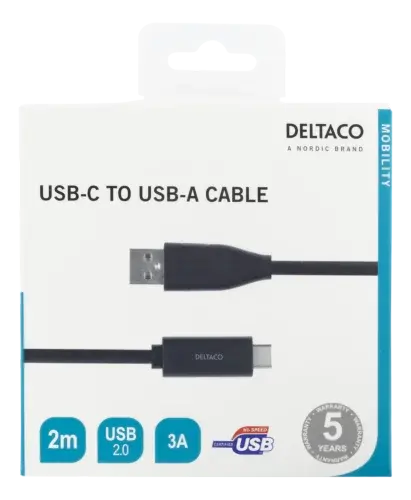 Deltaco USB-A to USB-C Cable, 3A, 2m, Black